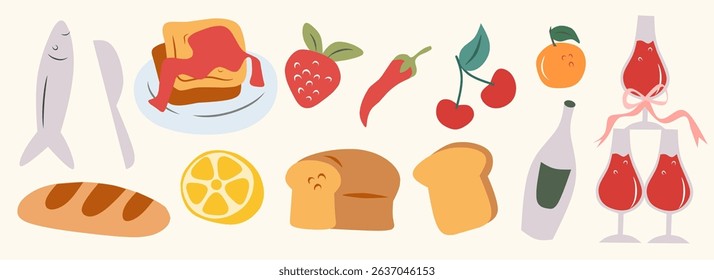 Summer italian food set. Hand drawn colorful mediterranean dinner with fish, bread, bakery, orange, lemon, wine. Dolce vita aesthetics whimsical doodles icon. Perfect for print, design menu, sticker.