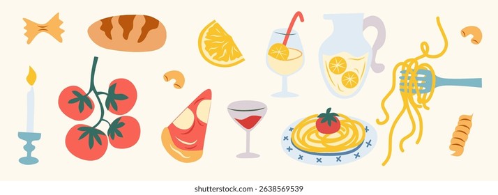 Summer italian food set. Hand drawn mediterranean dinner with pasta, bakery, pizza, cocktail, wine. Dolce vita aesthetics whimsical doodles icon. Perfect for print, design menu, sticker. La dolce Vita