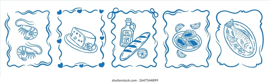 verão italiano mão desenhado férias estilo doodle em quadros. Ilustrações vetor tinta Itália costa, mar, camarão, sardinhas, ostras elementos. Impressão de fim de semana marítimo para convites, cartões, cartaz, selo