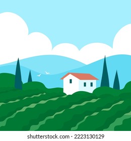 Summer italian landscape of nature. Panorama with house, green forest, vineyard, cypress, fields, blue sky and lake. Grape cultivation and winery. Rural scener. Flat vector illustration