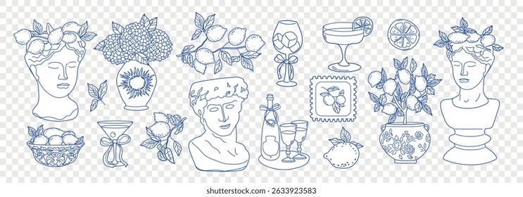 Summer Italian lemon. Hand drawn doodle set of Italy. Statues, wine, flowers in a vase, wine glass. Mediterranean Amalfi vacation. Sketch vector vintage illustration. Perfect for summer food and wine 