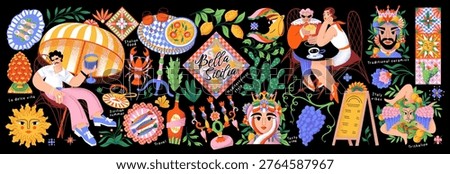 Summer Italian Sicily. Vector Mediterranean isolated illustrations of Italian food, ceramic tile, wine, lemon, cafe with people on vacation, sardines, Triskelion, menu  for icons, and a postcard.
