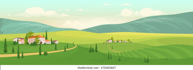 Summer in Italian village flat color vector illustration. Tuscany 2D cartoon landscape with mountains on background. Rural area view with distant country houses and cypress trees. Vineyard scenery