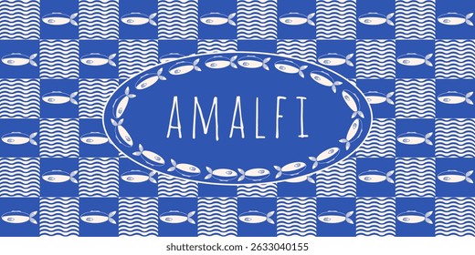 Summer. Italy. Amalfi background. Vector illustration of geometric Sardines waves seamless Trellis with Frame for text. Perfect web banner  and wall deco panel. EPS 10