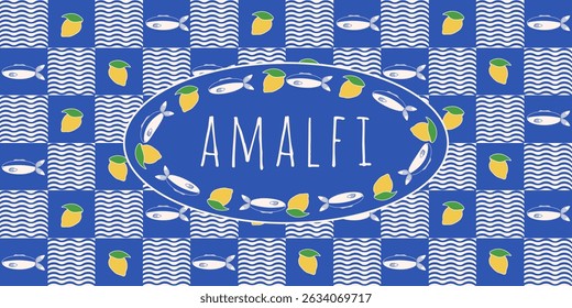 Summer. Italy. Amalfi banner. Vector illustration with italian seamless trellis and Frame for text. Perfect wall panel deco poster postcard cover print. EPS 10