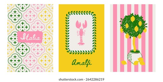 Summer Italy Amalfi cards set. Vector illustration of Mediterranean italian tiles, lemon tree, striped pattern and lobster on plate for poster or background. Naive textured hand drawn design.