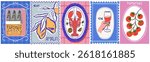 Summer Italy. Amalfi or Sicily vector illustration of postage stamps with image of Italian Mediterranean wine, lobster on a plate, sardines can, lemon and tomatoes drawing for poster, placard or print