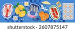 Summer. Italy. Amalfi. Vector illustration of lemons, canned sardines, postage stamps, Italian Mediterranean tiles, lobster, cherry tomatoes, oranges, beach lounger with umbrella, shell for icons