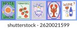 Summer in Italy. Amalfi. Vector illustration of postage stamps with image of Pasta, wine, lobster on a plate, tomatoes drawing for poster, placard or menu print. Mediterranean vacation post cards.