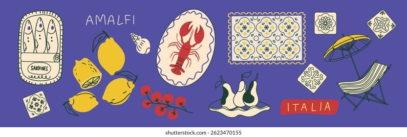 Summer Italy. Amalfi. Vector illustration of lemons, canned sardines, lobster,Italian Mediterranean tiles,  cherry tomatoes, pears, beach lounger with umbrella, shell for icons 