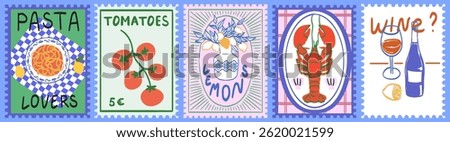 Summer in Italy. Amalfi. Vector illustration of postage stamps with image of Pasta, wine, lobster on a plate, tomatoes drawing for poster, placard or menu print. Mediterranean vacation post cards.