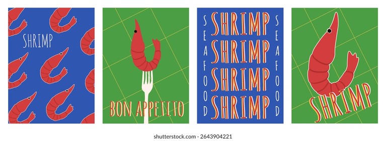 Summer. Italy. Collection Amalfi seafood poster cover template design. Vector illustration of shrimp fork and typography text. Set Mediterranean art. Room interior wall poster cover. EPS 10
