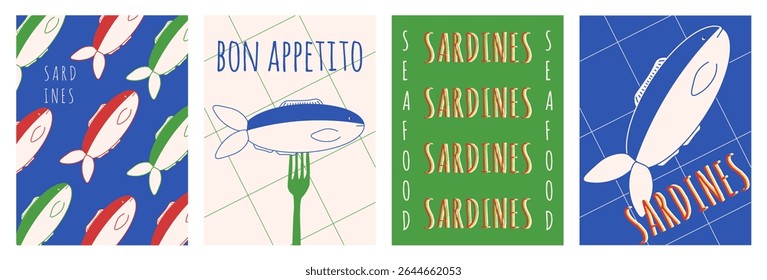 Verão. Itália. Coleção bon appetito frutos do mar cartaz capa modelo design. Ilustração vetorial do cartaz de Sardinhas. Set Mediterrâneo art. EPS 10