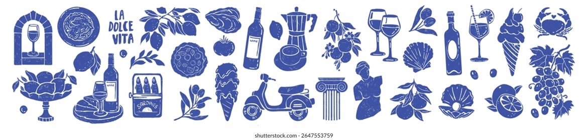 Summer Italy food print, hand drawn travel Mediterranean icon set Italian vintage vacation emblem. Traditional cuisine elements, Amalfi lemon silhouette wine glass bottle. Italy summer coastal sticker