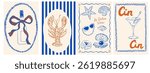 Summer Italy la dolce vita vintage posters. Amalfi or Sicily of postage stamps with image of Italian Mediterranean wine, lobster, beach decor. Vector illustration ink doodle sketch style.