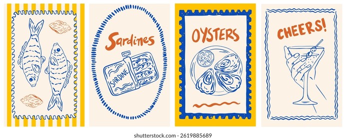 Summer Italy la dolce vita vintage posters. Amalfi or Sicily of postage stamps with image of Italian Mediterranean, sardines can, cocktails, oysters. Vector illustration ink doodle sketch style.