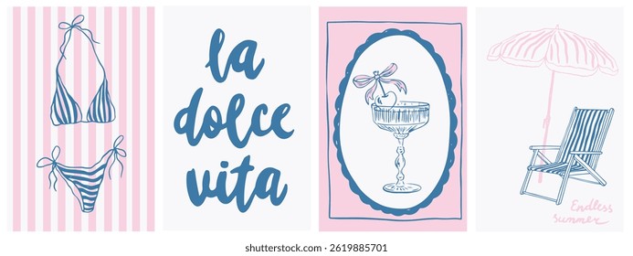 Summer Italy la dolce vita vintage posters. Amalfi or Sicily of postage stamps with image bikini, cocktails, beachy decor. Vector illustration ink doodle sketch style. Minimalist line art
