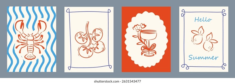 Summer Italy la dolce vita vintage posters. Amalfi or Sicily of postage stamps with image of Italian Mediterranean wine, lobster, lemons, shells decor. Vector illustration ink doodle sketch style.