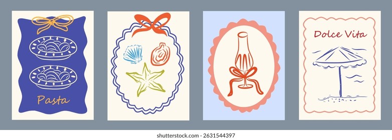 Verão Itália la dolce vita vintage posters. Amalfi ou Sicília de selos postais com a imagem de vinho mediterrânico italiano, massa, limões, conchas , decoração. Estilo de esboço de rabisco de tinta de ilustração vetorial.