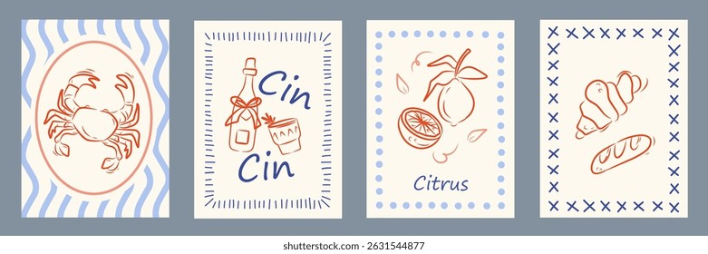 Summer Italy la dolce vita vintage posters. Amalfi or Sicily of crab stamps with image of Italian Mediterranean wine, lobster, lemons, pastry wall decor. Vector illustration ink doodle sketch style.