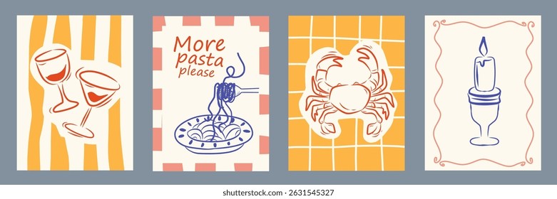 Summer Italy la dolce vita vintage posters. Amalfi or Sicily of postage stamps with image of Italian Mediterranean wine, pasta, crab, candle, wall decor. Vector illustration ink doodle sketch style.