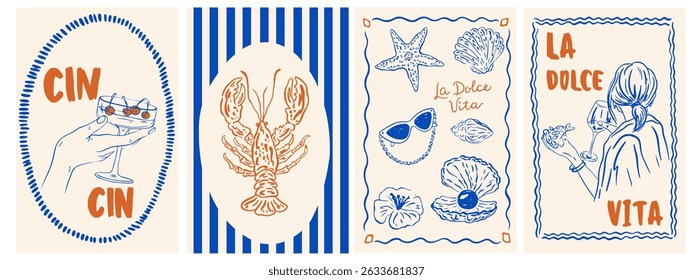 Summer Italy la dolce vita vintage posters. Amalfi or Sicily of postage stamps with image of Italian Mediterranean wine, lobster, beach decor. Vector illustration ink doodle sketch style.