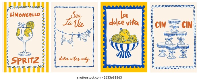 Summer Italy la dolce vita vintage posters. Amalfi or Sicily print, wall art, vector travel postcard stamp, summer emblem, placard or poster. Retro frame border element design. Vector illustration