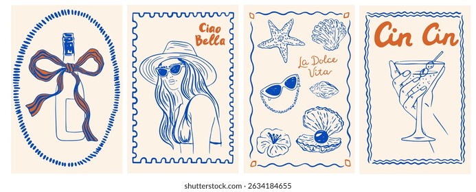 Summer Italy la dolce vita vintage posters. Amalfi or Sicily of postage stamps with image of Italian Mediterranean wine, woman, beach decor. Vector illustration ink doodle sketch style.