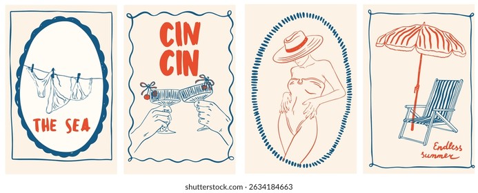 Summer Italy la dolce vita vintage posters. Amalfi or Sicily of postage stamps with image of Italian Mediterranean cocktails, woman, beach decor. Minimalist line art.  Vector illustration ink doodle 