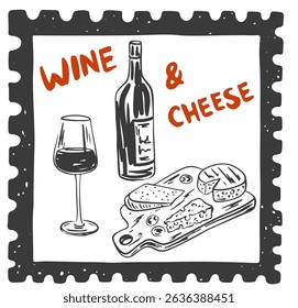 Summer Italy la dolce vita vintage posters. Amalfi or Sicily of postage stamps of Italian Mediterranean with wine and cheese. Retro frame border. Vector illustration ink doodle sketch style