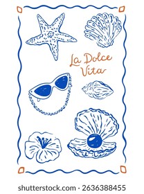 Summer Italy la dolce vita vintage posters. Amalfi or Sicily of postage stamps with image of Italian Mediterranean with beach decor. Retro frame border. Vector illustration ink doodle sketch style.