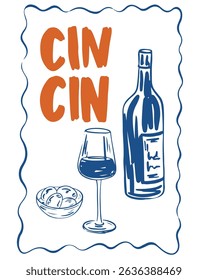 Summer Italy la dolce vita vintage posters. Amalfi or Sicily of postage stamps with image of Italian Mediterranean with wine bottle. Retro frame border. Vector illustration ink doodle sketch style.