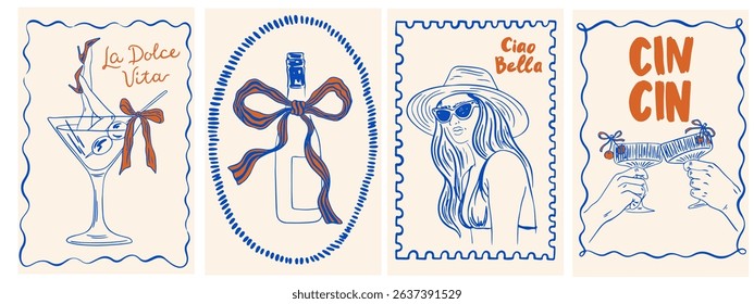 Summer Italy la dolce vita vintage posters. Amalfi or Sicily of postage stamps with image of Italian Mediterranean wine, woman, beach decor. Vector illustration ink doodle sketch style.