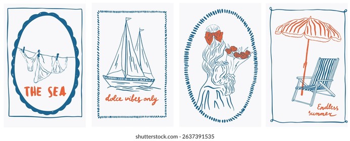 Summer Italy la dolce vita vintage posters. Amalfi or Sicily of postage stamps with image of Italian Mediterranean elements for prints, postal stamp frames or borders. Vector illustration line art