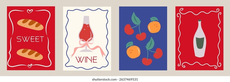 Summer Italy la dolce vita vintage poster set with Italian Mediterranean food, wine, cherry, orange, pastry for wall art decor. Flat vector illustration whimsical aesthetic style. Blue and red color.
