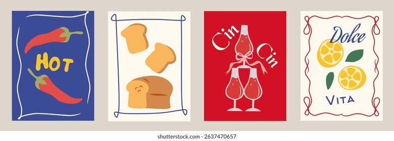 Summer Italy la dolce vita vintage poster set with Italian Mediterranean food, wine, chili, lemons, bread for wall art decor. Flat vector illustration whimsical aesthetic style. Blue and red color.