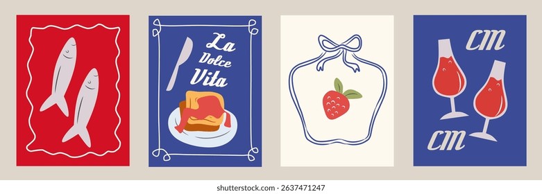 Summer Italy la dolce vita vintage poster set with Italian Mediterranean food, wine, fish, strawberry, bread for wall art decor. Flat vector illustration whimsical aesthetic style. Blue and red color.