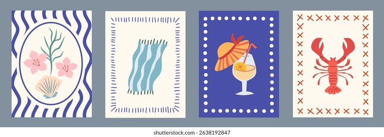 Summer Italy la dolce vita vintage posters. Amalfi or Sicily of postage stamps with image of Italian Mediterranean drink, lobster, shells, flower wall decor. Vector illustration doodle cartoon style.