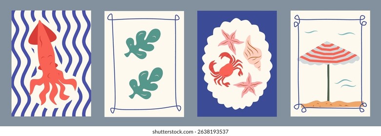 Summer Italy la dolce vita vintage posters. Amalfi or Sicily of postage stamps with image of Italian Mediterranean leaf, squid, sea shells, crab wall decor. Vector illustration doodle cartoon style.
