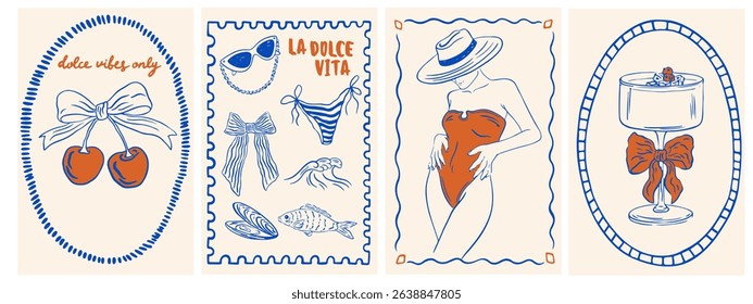 Summer Italy la dolce vita vintage posters. Amalfi or Sicily of postage stamps with image of Italian Mediterranean cocktail, cherry, bow, beach decor. Vector illustration ink doodle sketch style.