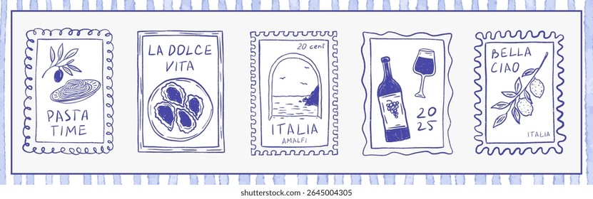 Verão Itália carimbo quadros dolce vita. Cartão postal Amalfi Vintage costeiro com limões, massa, vinho, ostra e azeitona. Vetor desenhado à mão crayon Mediterrâneo arte da parede do mar, viagem ilustração na cor azul