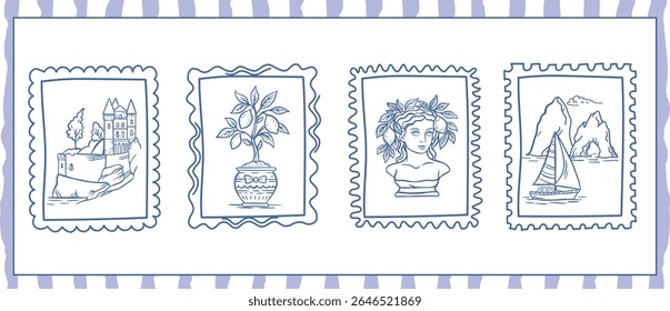 Verão Itália carimbo quadros dolce vita. Vintage Amalfi costeiro cartão postal com Características um castelo à beira-mar, limoeiro, busto clássico, veleiro, e penhascos icônicos. Ilustração de viagem em cor azul