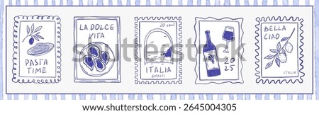 Summer Italy stamp frames dolce vita. Vintage Amalfi coastal postcard with lemons, pasta, wine, oyster and olive. Hand drawn vector crayon Mediterranean sea wall art, travel illustration in blue color