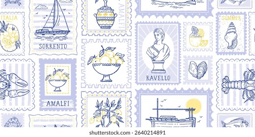 Summer Italy stamp pattern. Italian postcard with lemon bg. Amalfi beach seamless pattern. Sea vintage print. Italy summer illustration. Post stamp border travel. Seamless postage vector doodle Alamfi