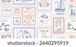 Summer Italy stamp seamless pattern. Italian postcard with lemon lobster boat. Amalfi beach background. Sea vintage print. Italy summer bg. Post stamp border. Seamless postage vector with Amalfi coast