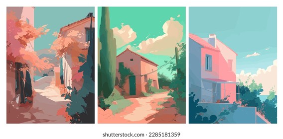 Summer Italy village with narrow streets, old houses. Tuscany landscape posters. Vectorised illustration set for social, banner or card.