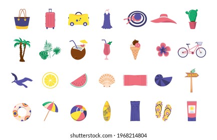Summer item set. Beach vacation   travel elements. Clothing, ice cream, soft drinks and decorative marine elements. Cycle ride, luggage holiday and surfboard