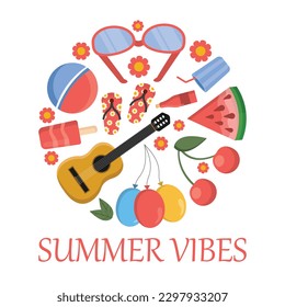 summer items arranged in circle shape. beach items, summer vacation. sunglasses, ball, surfboard, champagne, guitar, umbrella, watermelon, slates, ice cream, cherry, drink. vetor cartoon simple flat