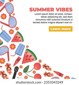 summer items arranged in corner shape. beach items, summer vacation. sunglasses, ball, surfboard, champagne, guitar, umbrella, watermelon, slates, ice cream, cherry, drink. vetor cartoon simple flat o