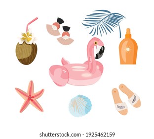 Summer items. Beach Feature Set: Sunscreen Lotion Spray, Starfish, Earrings, Exotic Coconut Cocktail, Pink Flamingo Swimming Ring, Seashell, Palm Branch and slippers. Vector cartoon flat illustration.